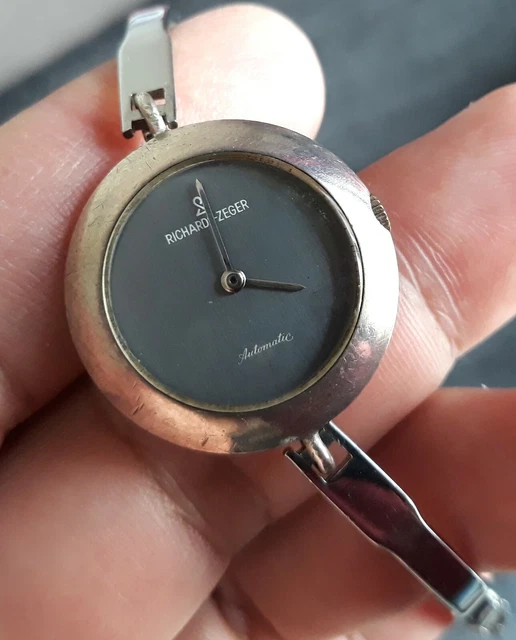 Montre Femme Vintage RICHARD ZEGER En Argent - Fonctionnelle Avec Boîte D'Origine - Cadran Noir & Bracelet Argenté