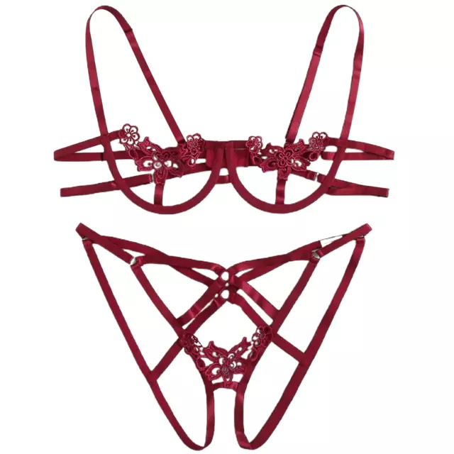 Womens Cut Out Harness Lace Underwire Wireless Lingerie Set Sexy Bra and Panty