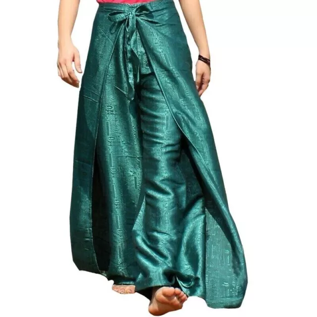 Womens Thai Fisherman Pants Silk Blend Green Wrap Sarong Harem Boho Palazzo Yoga
