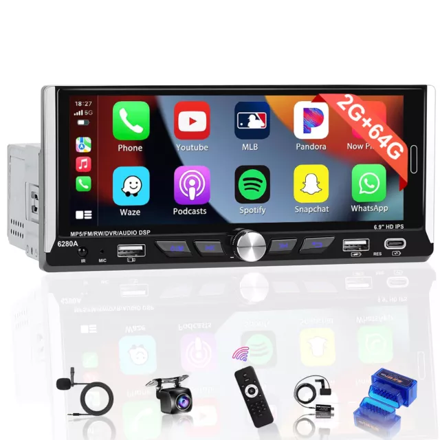 6.9 Zoll DAB+ OBD2 Autoradio 1 Din Apple Carplay Android 13.0 GPS 2G+64G Mit Kam