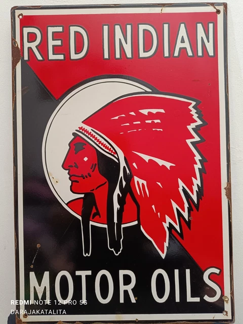 PORCELAIN RED INDIAN Motor oil Enamel Sign Size 50cm x 24cm Vintage ...