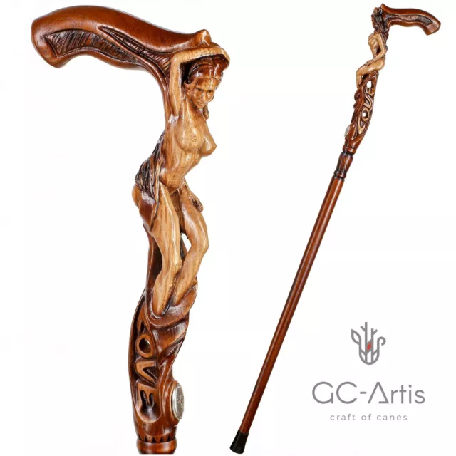 Hand carved Walking Stick Cane LOVE Naked Girl Wooden hand crafted gift for men