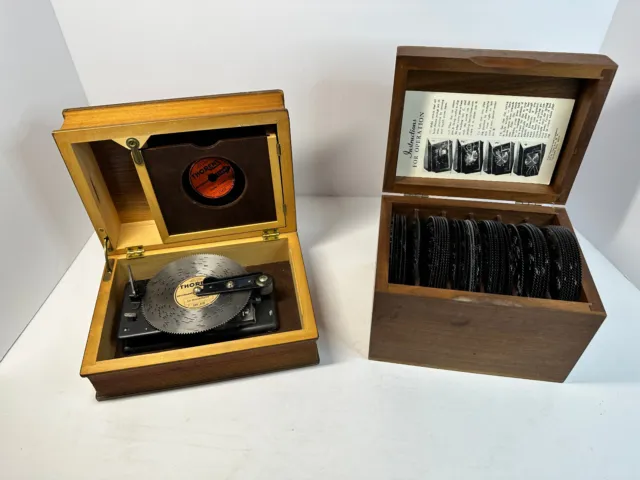 VTG Thorens AD30 Book Style Music Box +45 Discs & Disk Holder Box, Solid Wood