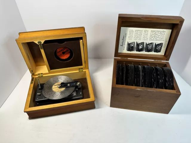 VTG Thorens AD30 Book Style Music Box +45 Discs & Disk Holder Box, Solid Wood VTG Thorens AD30 Book Style Music Box +45 Discs & Disk Holder Box, Solid Wood