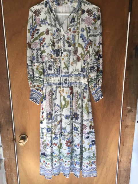 tory burch long sleeve floral dress silk with pockets euc