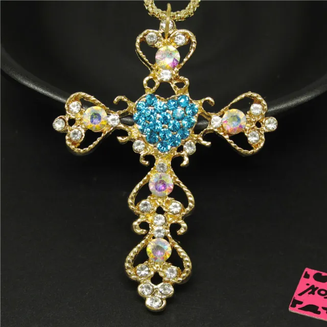 New Betsey Johnson Blue Golden Cross Prayer AB Crystal Pendant China Necklace