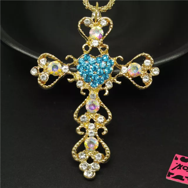 New Betsey Johnson Blue Golden Cross Prayer AB Crystal Pendant China Necklace