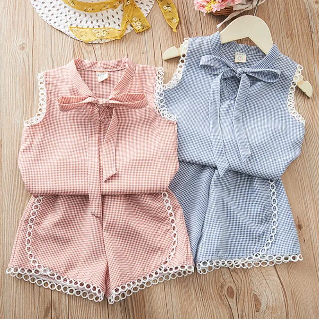 Kids Girls Check Summer Clothes Bow Vest T Shirt Tops + Shorts Pants Outfits Set