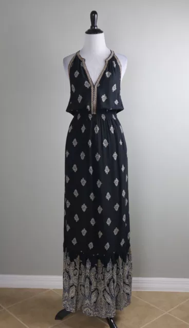 LUCKY BRAND $118 Printed Gold Lace Trim Halter Slip Maxi Dress Size Small