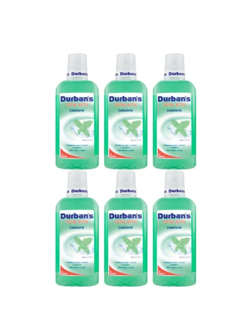 6 pezzi DURBAN’S Total Activ Collutorio con Fluoro MENTA FRESCA 500ml 0% Alcool