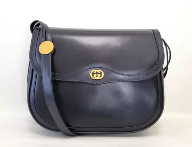 *Rare* GUCCI Shoulder Bag Interlocking Leather Black Purse Vintage Auth