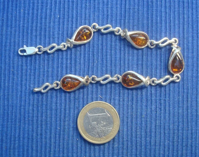 Bracelet En Argent Massif 925 Avec Cabochon D'ambre Flammé - Bijou Occasion élégant Et Unique