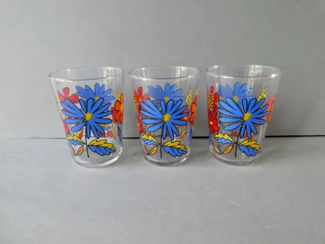 3 verres, décor de fleurs, orange et bleu, vintage, années 70, seventies