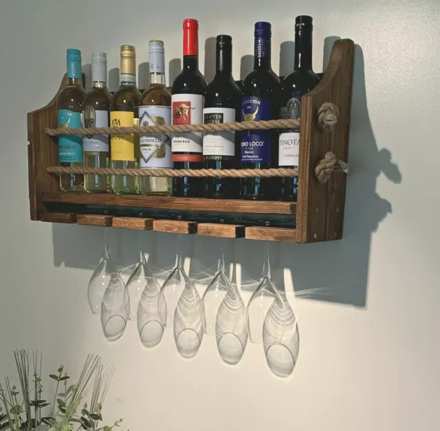 Wine Rack - Wall Mounted Handmade Rustic 5 Glass/8 Bottle Wine/Spirits Wine rack