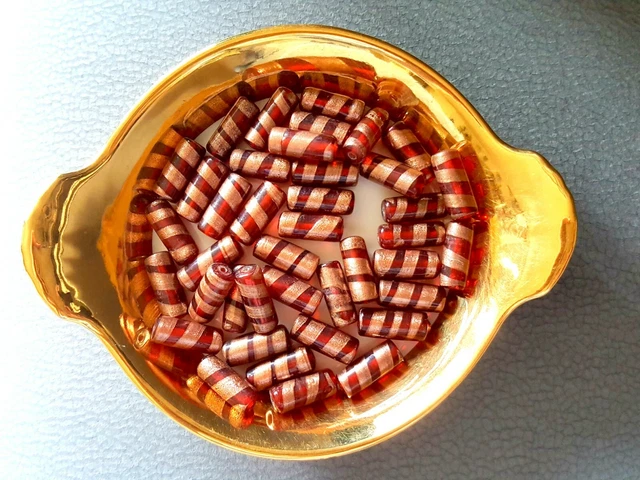 20 Lampwork Glas Perlen Beads Walze rot-gold 9 x 20,5 mm NEU