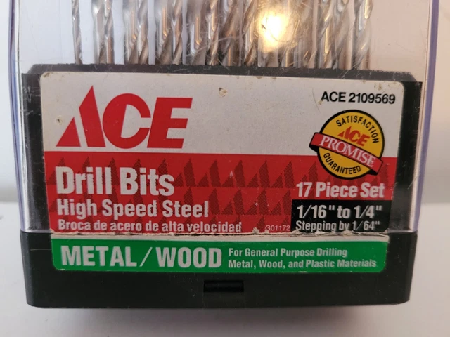 Ace 2109569 High Speed 1/16"-1/4" Steel Drill Bit Set For Metal/Wood 17 Pc New