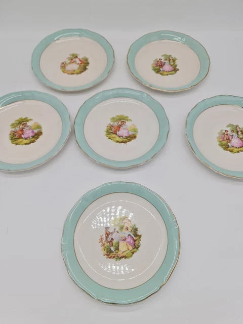 6 assiettes dessert décor scènes galantes Céranord Saint-Amand vintage