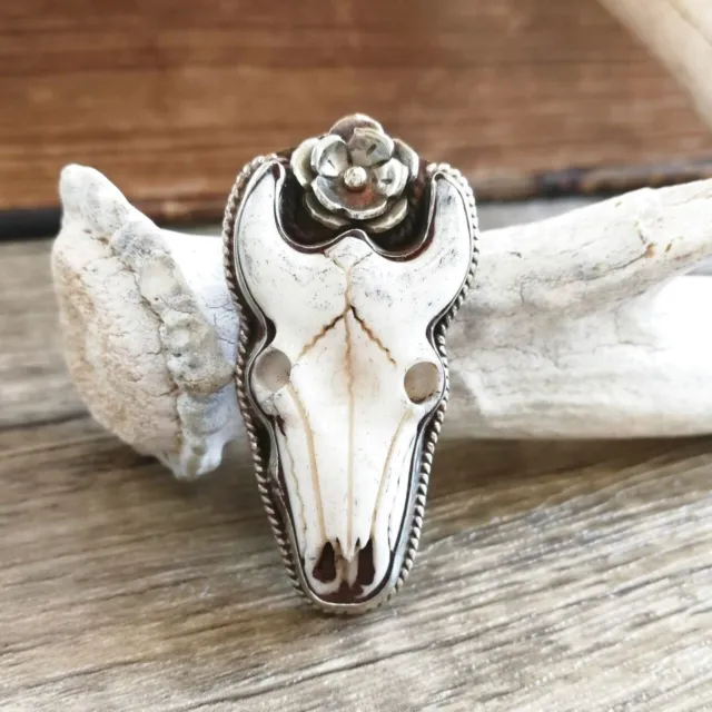 Hand Carved Buffalo Bone Bull Skull Floral Pendant Ethnic Western Boho Unique