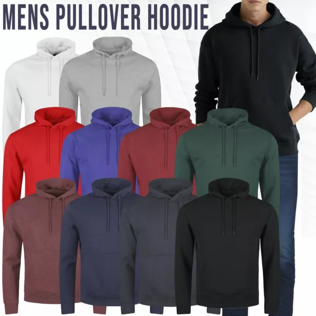 Mens Plain Hooded Sweatshirt Pullover Hoodie Adult Fleece Long Sleeved Sportwear