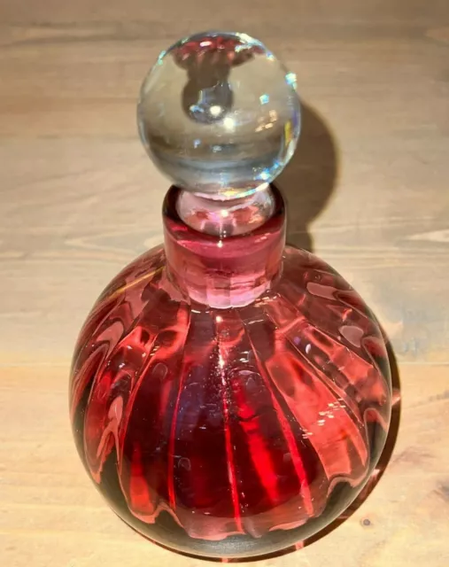Cranberry Swirl Glass Perfume Bottle Vanity Decanter Clear Glass Stopper