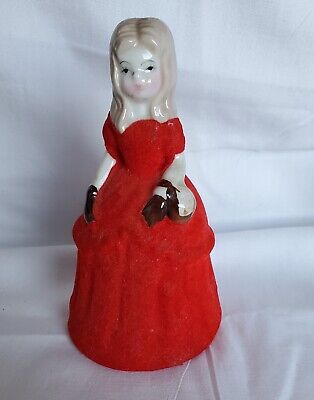 Porcelain Christmas Figurine Girl in Red Flocked velvet Dress vintage 5"