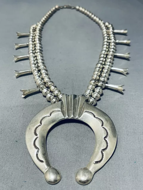Fab All Silver Vintage Navajo Sterling Squash Blossom Necklace