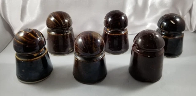 Lot of 6 Vintage Brown Ceramic Porcelain Electric Power Line Insulators