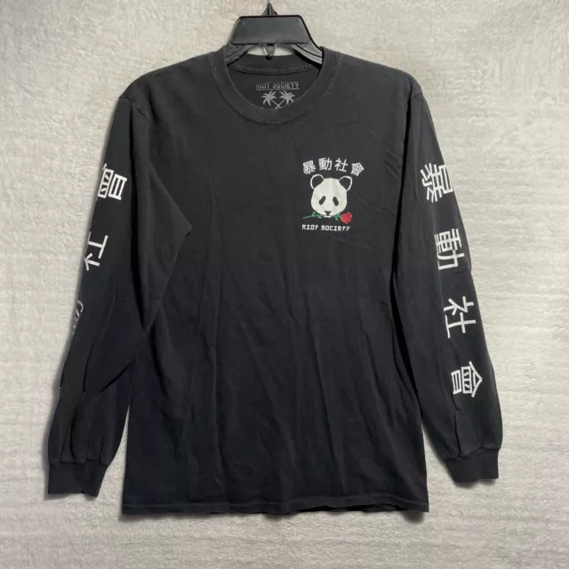 Riot Society Shirt Mens Small Long Sleeve Graphic Panda Black Crew Neck