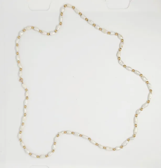 Rice Seed Genuine Pearl Necklace w/ 14K Solid GOLD Clasp And Beads 24"