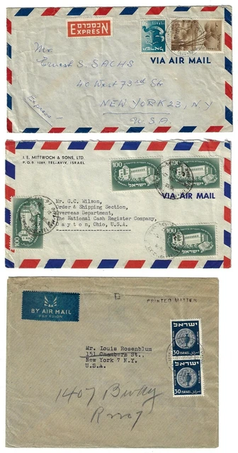 ISRAEL 1950s THREE COVERS TO US ONE EXPRESS MAIL ALL WITH SMALL CENSOR MARKINGS