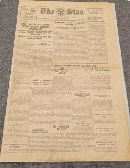 Guernsey Der Star 2. Weltkrieg Brennt Hull Harbour Rommel Afrika 10. Mai 1941 Zeitung