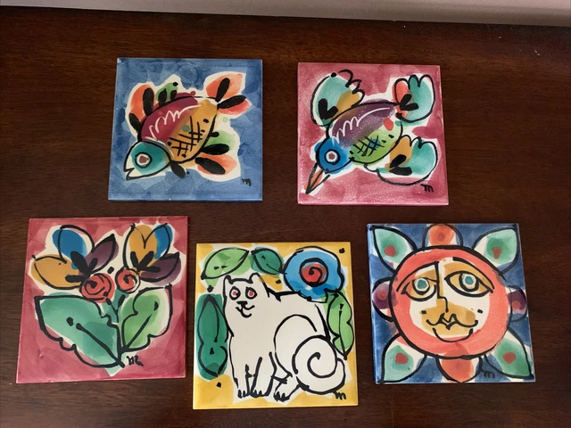 Ceramic Tiles Cute Animals Sun Bird Flower 4.25” HR JOHNSON Artist Signed