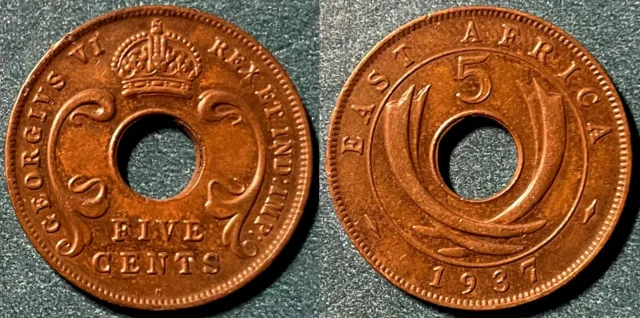 East Africa 1937 H 5 Cents - George VI KM-25.1 Bronze aUNC #21 - US Seller