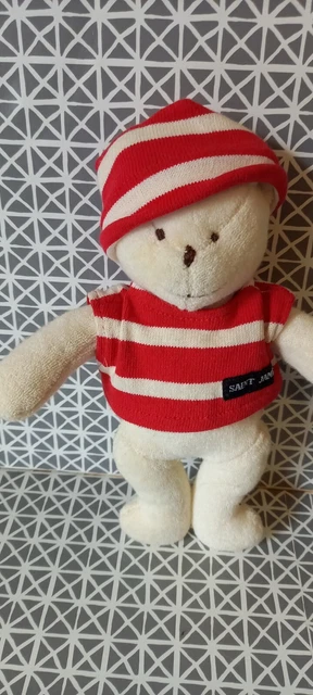 Doudou peluche ours blanc pull et bonnet rouge rayé Saint james 23 cm