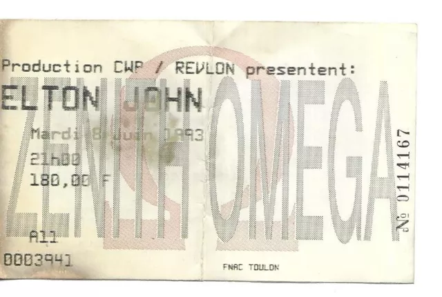 Rare / Ticket Billet De Concert - Elton John : Live A Toulon ( France ) 1993