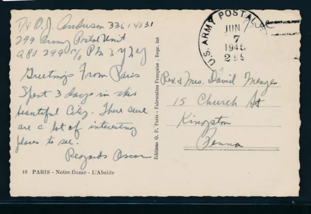 42298) US field post cover WWII, APO 299 7.6.45, Paris ??