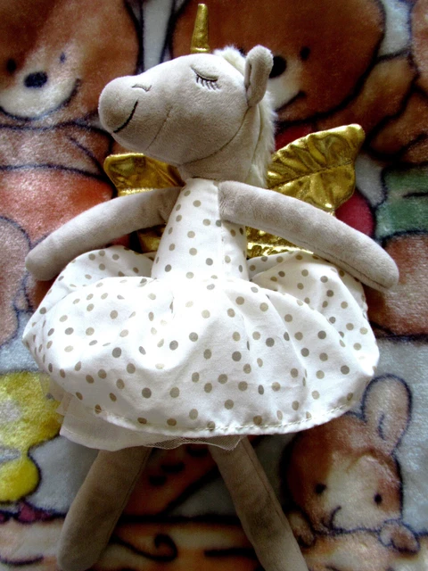 doudou peluche licorne pois beige blanc kom neuf 38cm