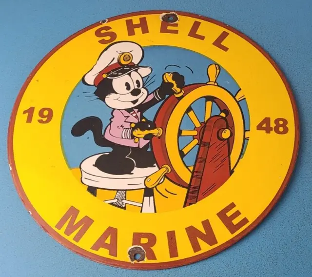 Vintage Shell Motor Oil Porcelain Gas Marine Pump Plate Felix Service Sign