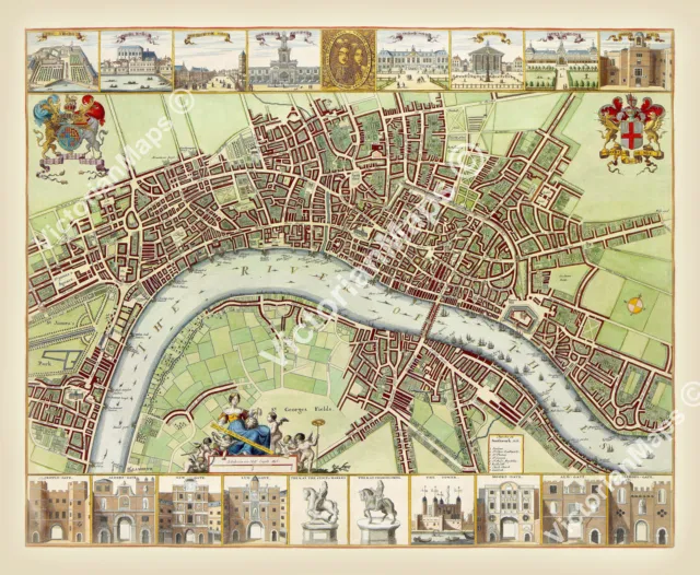 antique 17th century Mary Stuart LONDON guide map W Hollar 1688 art print poster