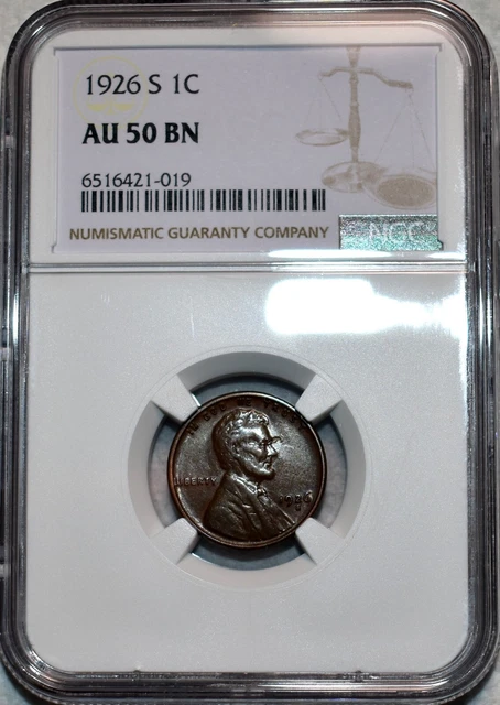 NGC AU-50 BN 1926-S Lincoln Cent, Lustrous, Chocolate-Brown specimen.