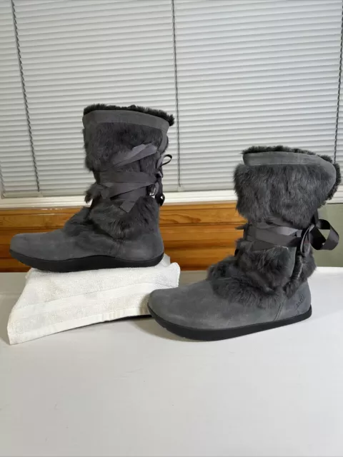 Earth Pike Iron Gray Suede Rabbit Fur Boots W/Ribbon Kalso Technology Size 11