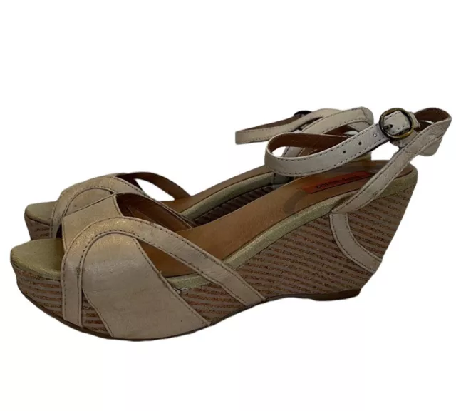 Miz Mooz Yang Beige Leather Buckle Platform Wedge Heel Sandals Shoes Women's 8