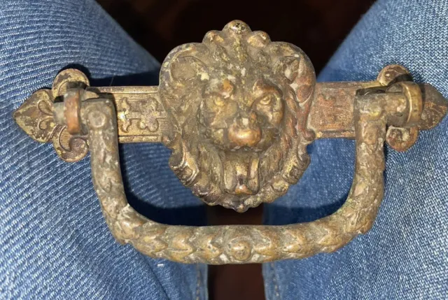 VIntage Antique drawer pull Bail Handle Hardware Brass Plated lion head