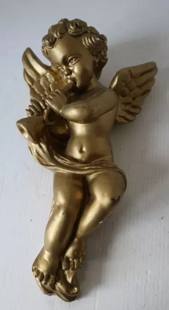 Ancien ange chérubin angelot joueur de flute en platre doré 26.5cm