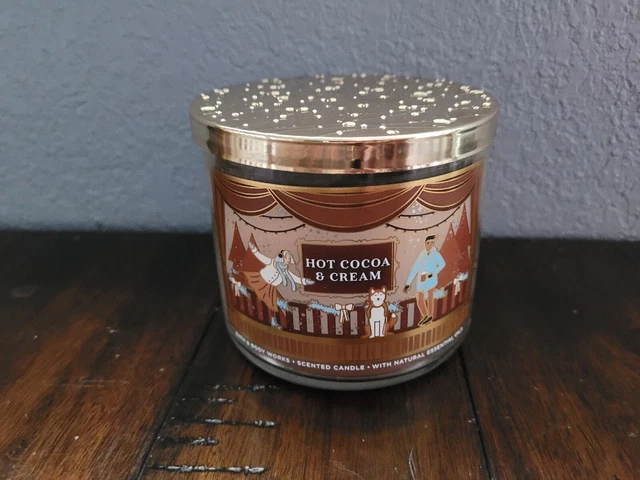 Bath & Body Works HOT COCOA & CREAM 3 Wick Scented Candle Essential Oils NEW