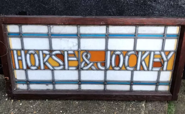 Vintage PUB 'Horse & Jockey' STAINED GLASS PANEL lead window wood frame pre war