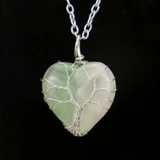 Natural Healing Crystal Quartz Wire Wrap Tree Of Life Heart Chakra Stone Pendant