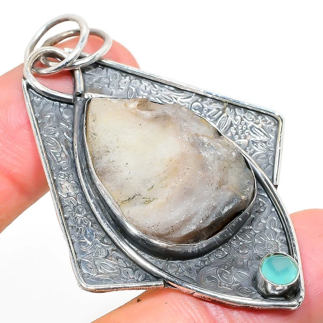 Desert Rose Druzy, Chalcedony Ethnic 925 Sterling Silver Pendant 2.56"