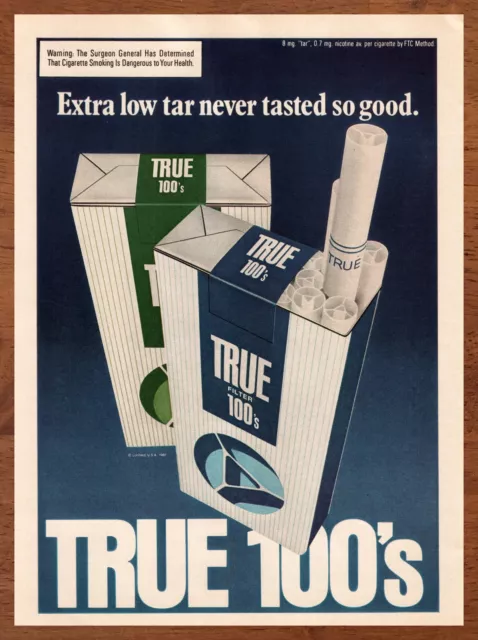 1981 True 100's Cigarettes Vintage Print Ad/Poster Retro 80s Man Cave Bar Art