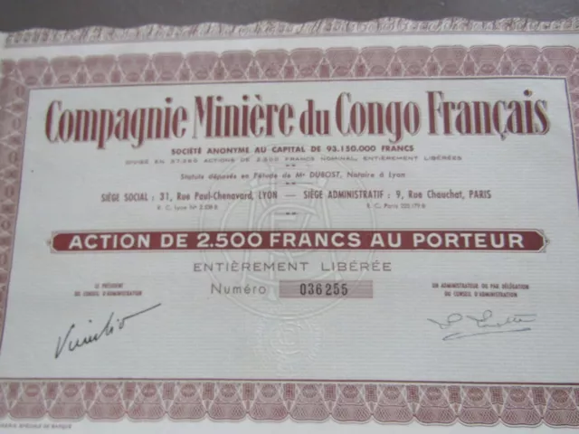 compagnie minière du Congo action de 2500Frs